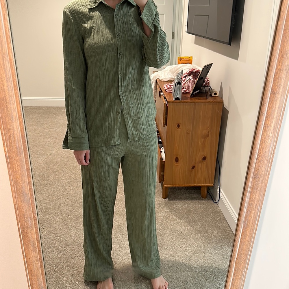 Green button down top and pants
